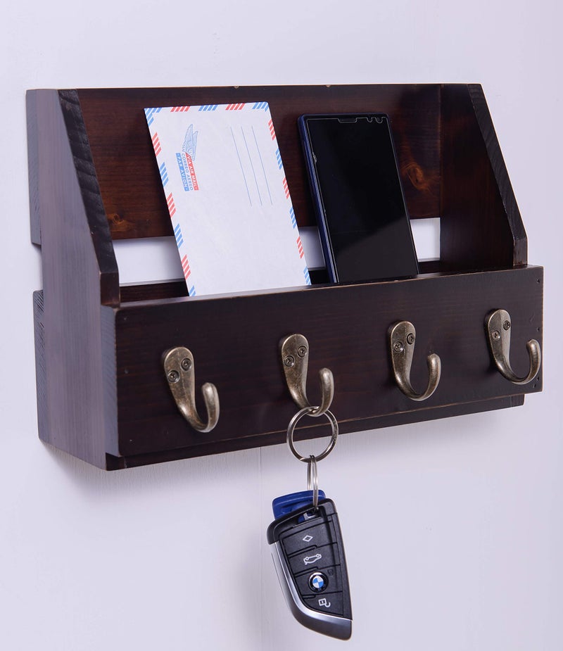 Flintar Wall Mount Key and Mail Holder with 4 Hooks. Made in Taiwan, Solid Wood. Use as Key Rack, Entryway or Mudroom Organizer, Mail & Bill Sorter, Magazine Holder (Walnut) - Image 2
